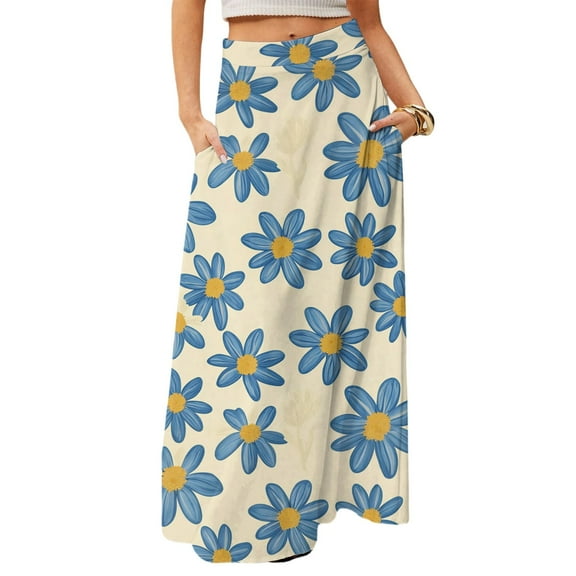WTOBBY Women's Floral Print Foldable High Waist Casual Skirt with Convenient Pocket, Draped Relaxed Long Maxi Skirt for Everyday Comfort and Errand Running,Blue L