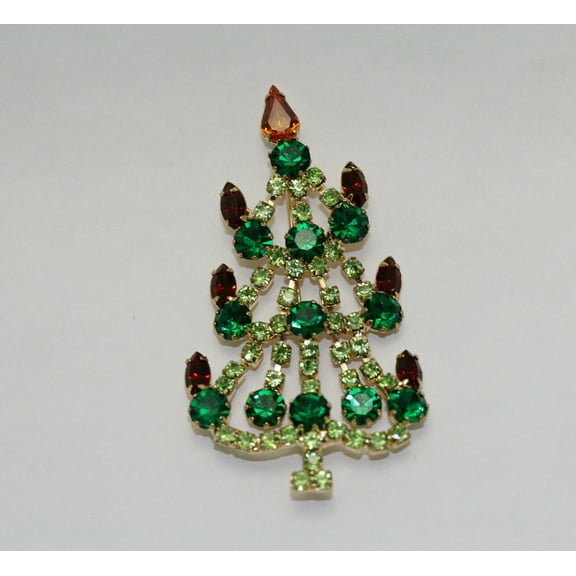 Vintage Crystal Gold-Tone Christmas Tree Brooch Pin, Rhinestone Christmas Jewelry