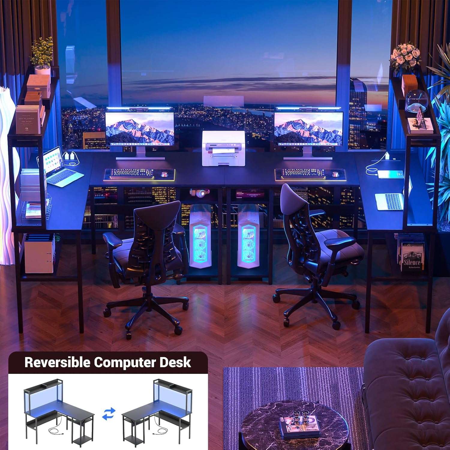 Homieasy L Shaped Gaming Desk with LED Strip and Power Outlets, Reversible L-Shaped Computer Desk with Storage Shelves, Corner Desk with Hutch, 2 Person Home Office Desk, Black