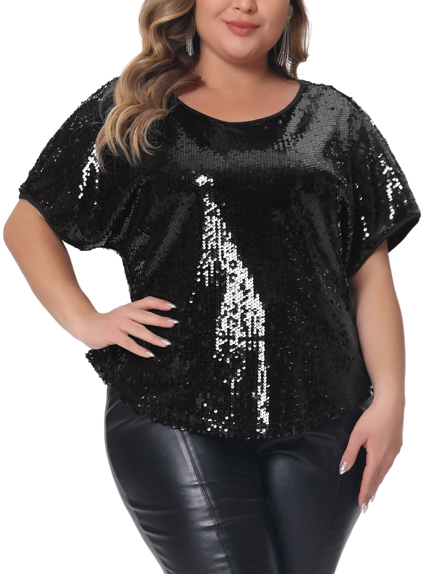DARING DIVA Women's Plus Full Sequin Tops Sparkle Night Blouses 2X Black