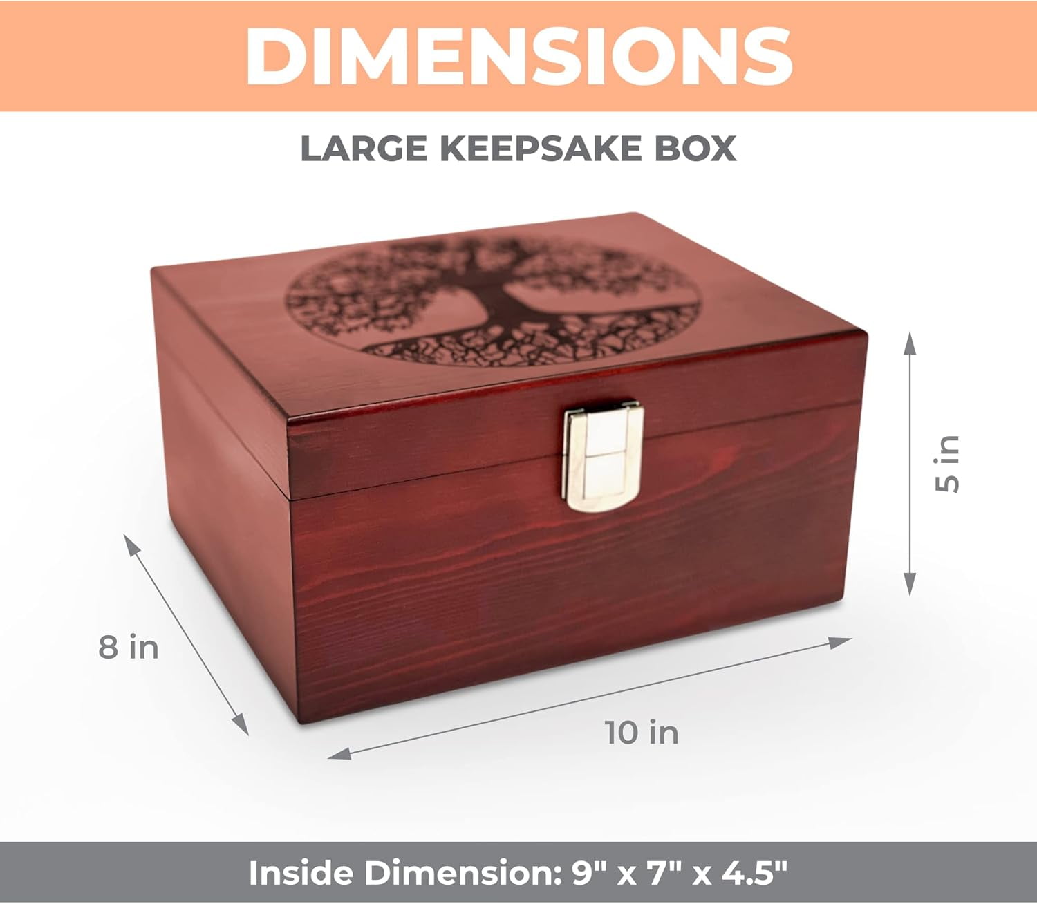 Tree of Life Large Wooden Decorative Box - Handcrafted Keepsake Storage with Hinged Lid and Metal Latch for Jewelry Photos