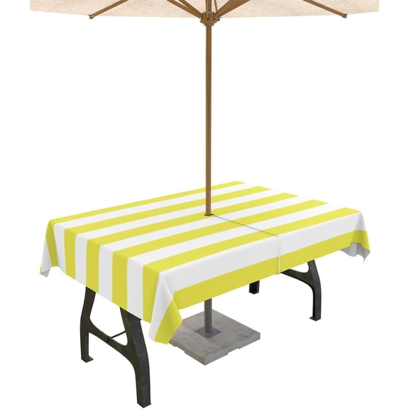 Outdoor Tablecloth Yellow and White Stripes Rectangle Patio Tablecloths 60x120, Waterproof Table Cloths with Umbrella Hole and Zipper, Striped Simple Summer Table Cover for Outdoor Tables Garden