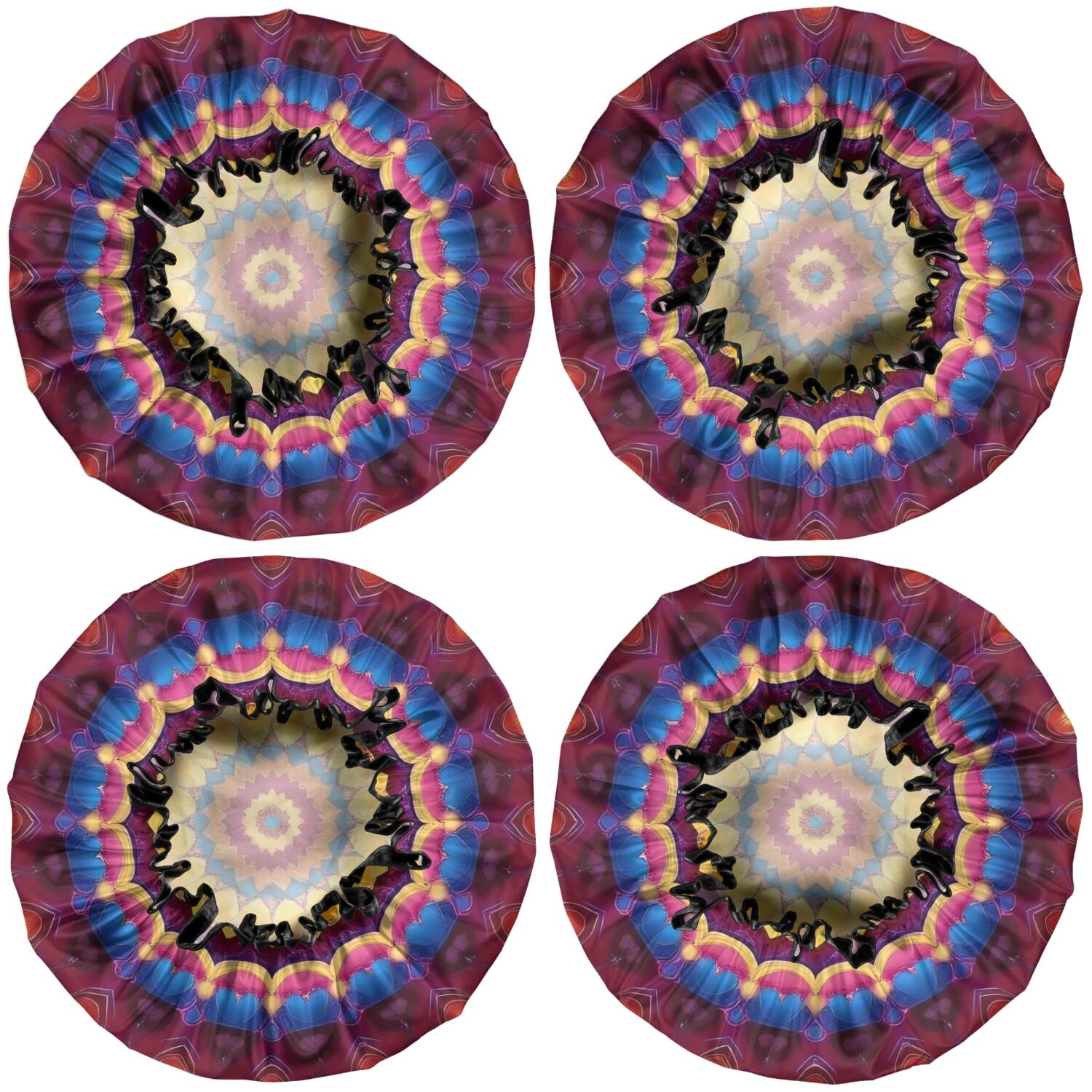 Shower Caps,Colorful Tie Dye Luminous Mandala Pattern Waterproof Shower Cap for Women 4 Pieces,Double Reusable Hair Cover for Shower PEVA Elastic Stretch Hem