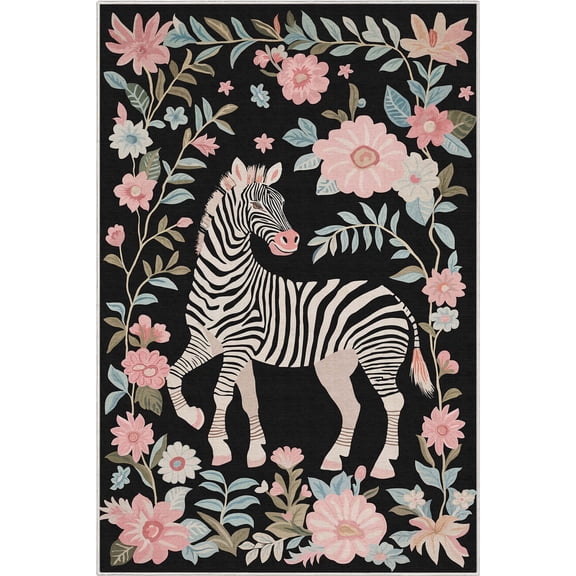 Well Woven Zebra Floral 5'3" x 7'3" Rug – Black, Stain-Resistant & Easy to Clean