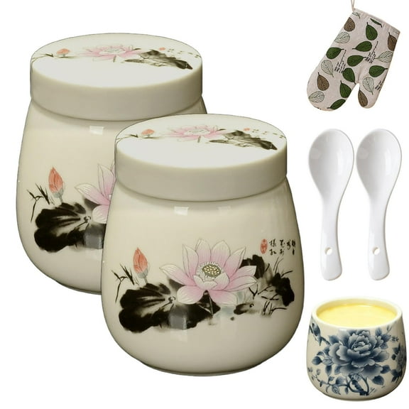 Coddled Egg Cups, Egg Coddlers Sets with Lids, Vintage Ceramic Soft Boiled Egg Cooker, 220ml Porcelain Tableware Breakfast Serving, Retro Table Treasure Chawanmushi Steamed Eggs Dish (2Pcs/E)