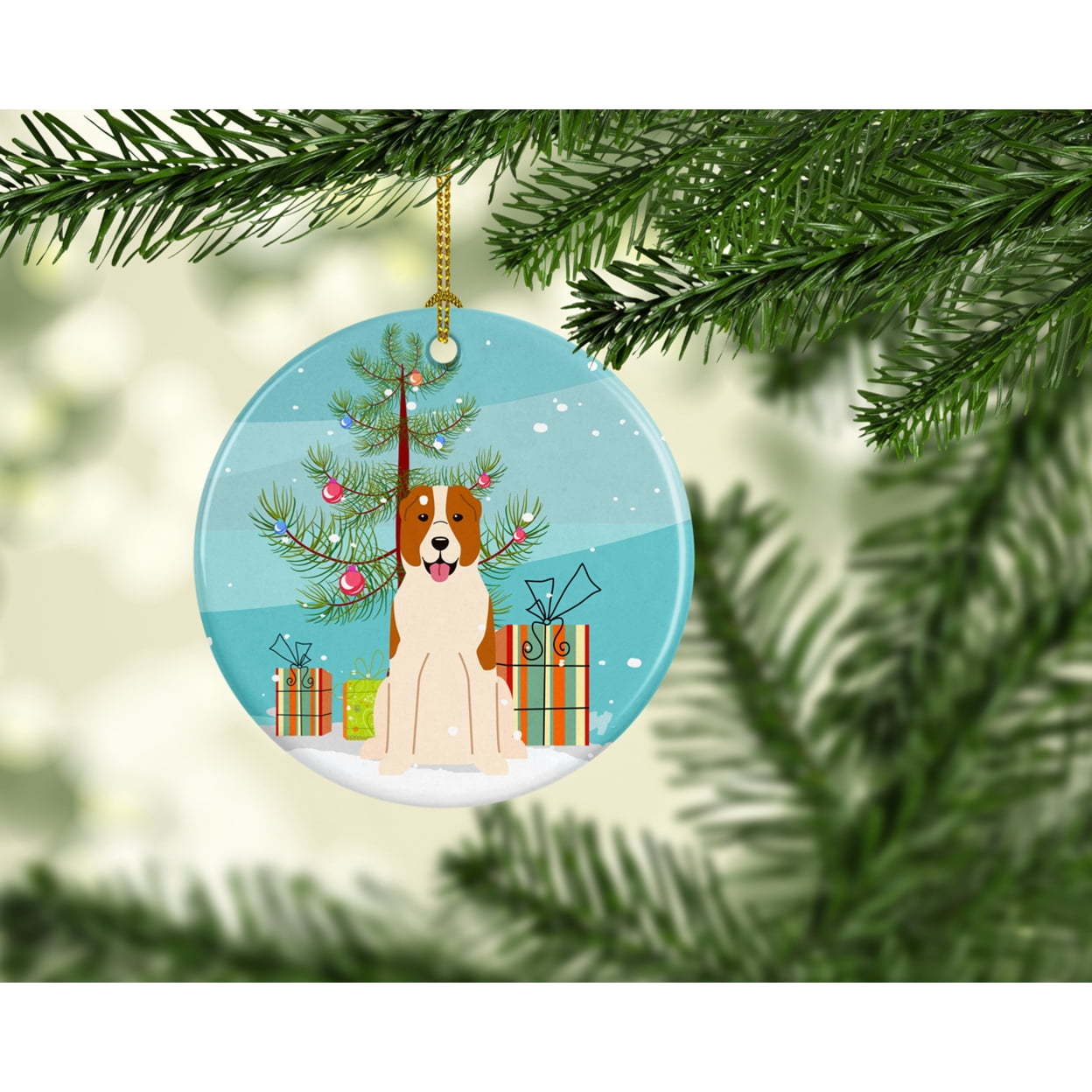 Carolines Treasures BB4174CO1 Merry Christmas Tree Central Asian Shepherd Dog Ceramic Ornament 3 in multicolor