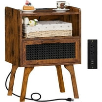 Rattan Nightstand with Charging Station, Side Table with Drawer Open Shelf, Cane Accent Bedside End Table with Solid Wood Legs, Night Stand for Bedroom, Dorm and Small Spaces (Brown)