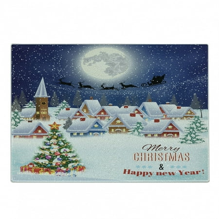 

Christmas Cutting Board Moon Santa Claus Reindeer Hovering in Winter Sky of a Small Village Illustration Decorative Tempered Glass Cutting and Serving Board Small Size Navy White by Ambesonne