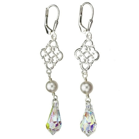 Sterling Floral Earrings - Sterling Silver Floral Link Leverback Earrings Teardrop Simulated Pearl Made with Swarovski Crystals