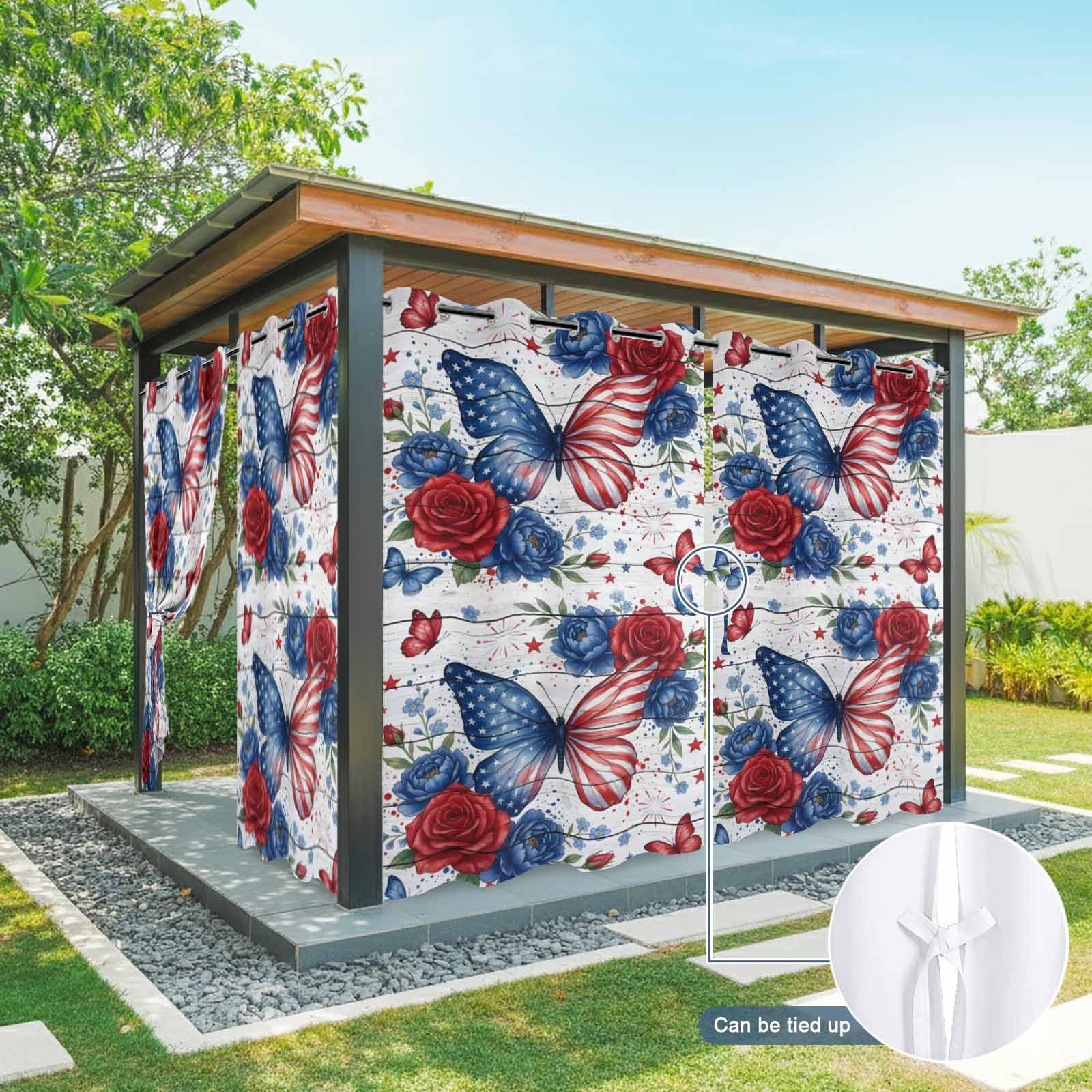Independence Day Outdoor Curtains for Patio, American Flag Butterfly Blue Red Flower Country Wood Striped Sunshade Privacy Drapes Grommet Waterproof Outside Curtains for Porch 54"x108", 1 Panel