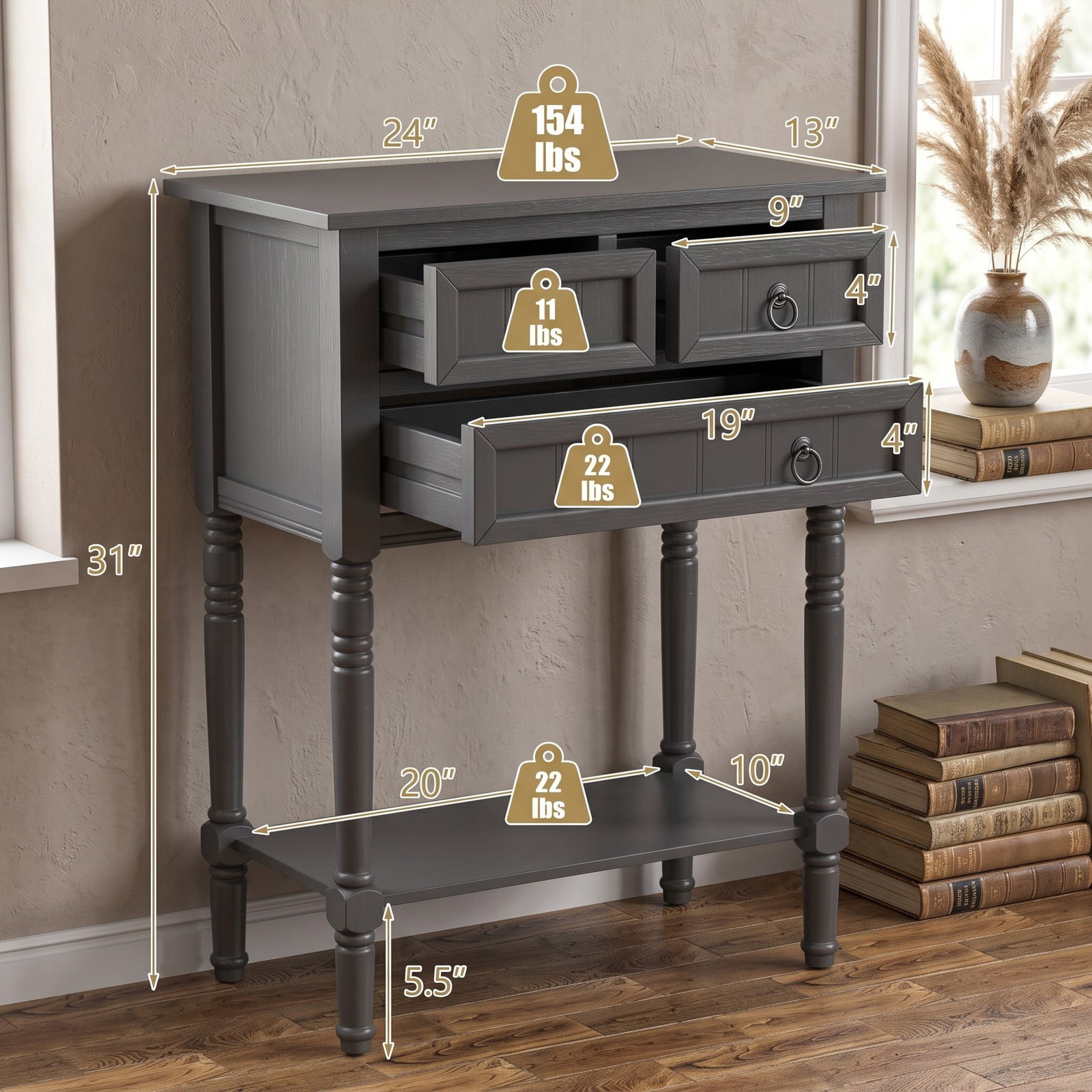 Furnibear Narrow Console Table with 3 Storage Drawers and Open Bottom Shelf and Turned Legs for Entryway and Hallway, Dark Gray