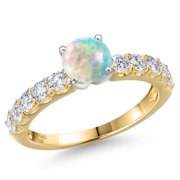 Gem Stone King 14K Two Tone Gold Simulated White Opal and Lab Grown Diamond Engagement Ring for Women | 1.15 Cttw | Round Cabochon 5MM | Gemstone October Birthstone | Size 5