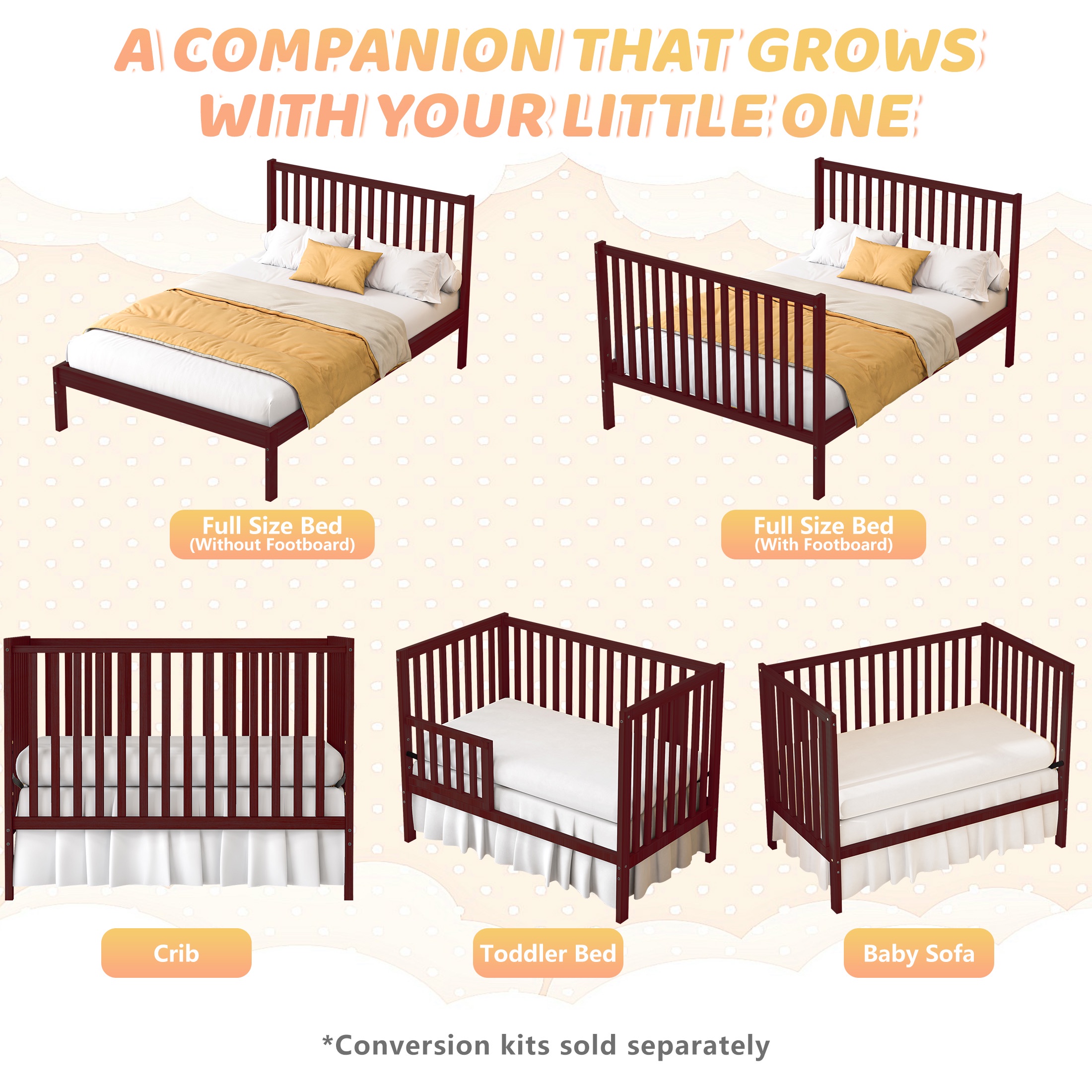 SESSLIFE 5-In-1 Convertible Crib, Cherry Baby Bed, Converts from Baby Crib to Toddler Bed, Fits Standard Full-Size Crib Mattress(Not Included)