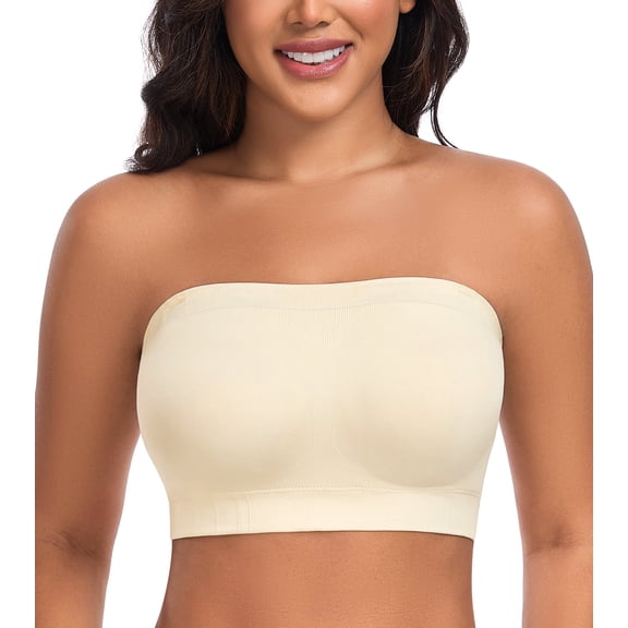 Exerin Women’s Strapless Wireless Non-Slip Lightly Padded Seamless Bandeau Bra(Beige,XXL)