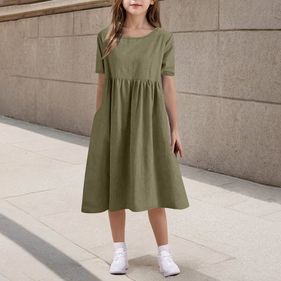 Spazoro Little and Big Girls A-line Dresses, Short Sleeve Round Neck Solid Color Comfortable Casual Dresses for Girls Army Green Size 13-14T