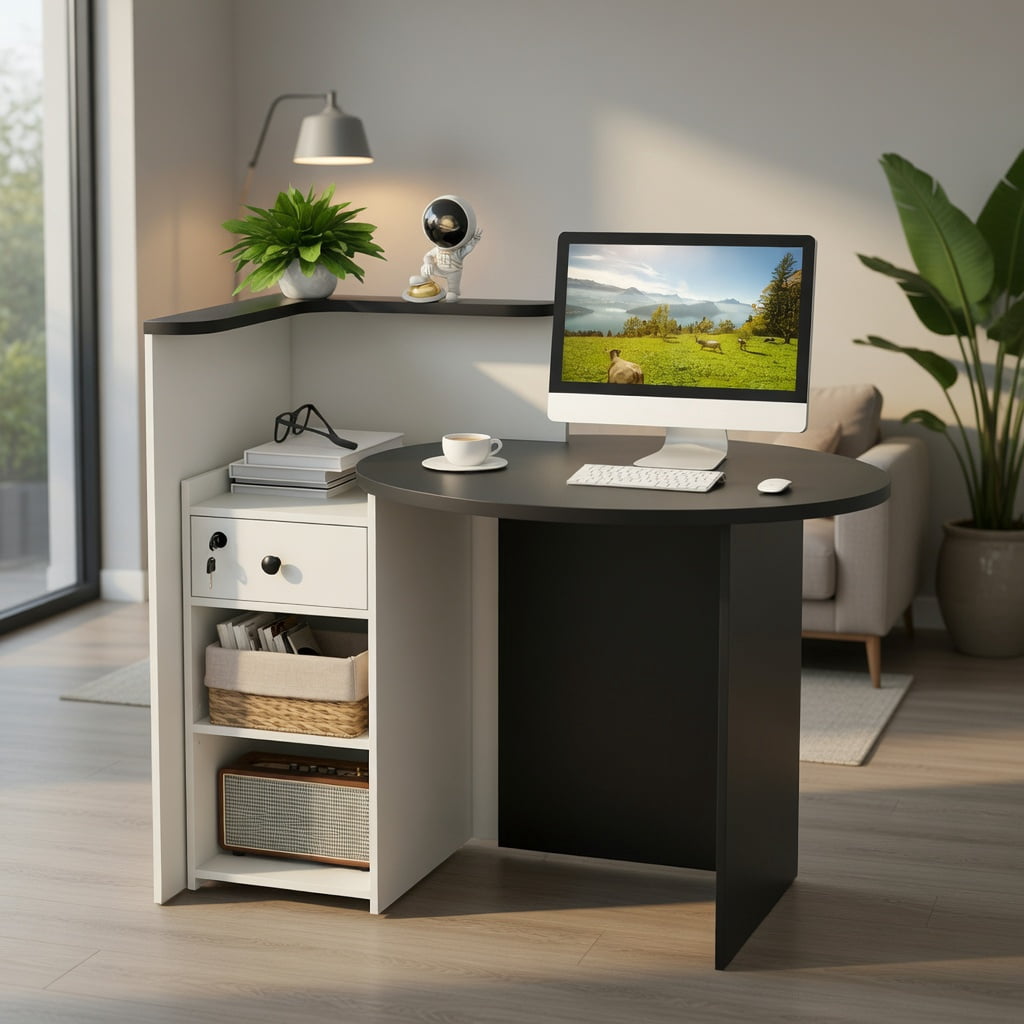 Demi Bonn Front Reception Office Desk with Open Shelf and Lockable Drawer, Small Home Computer Desk Study Writing Table, Black + White