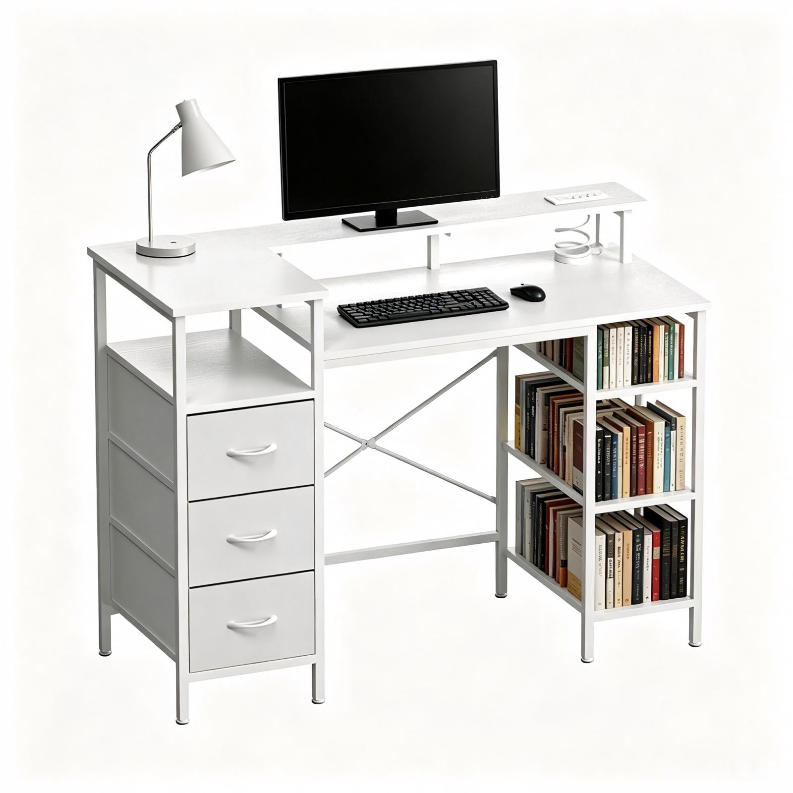 Astoutdoor Computer Desk with 3 Drawers and 4 Shelves, White, 47.2 x 18.8 x 34.7 in
