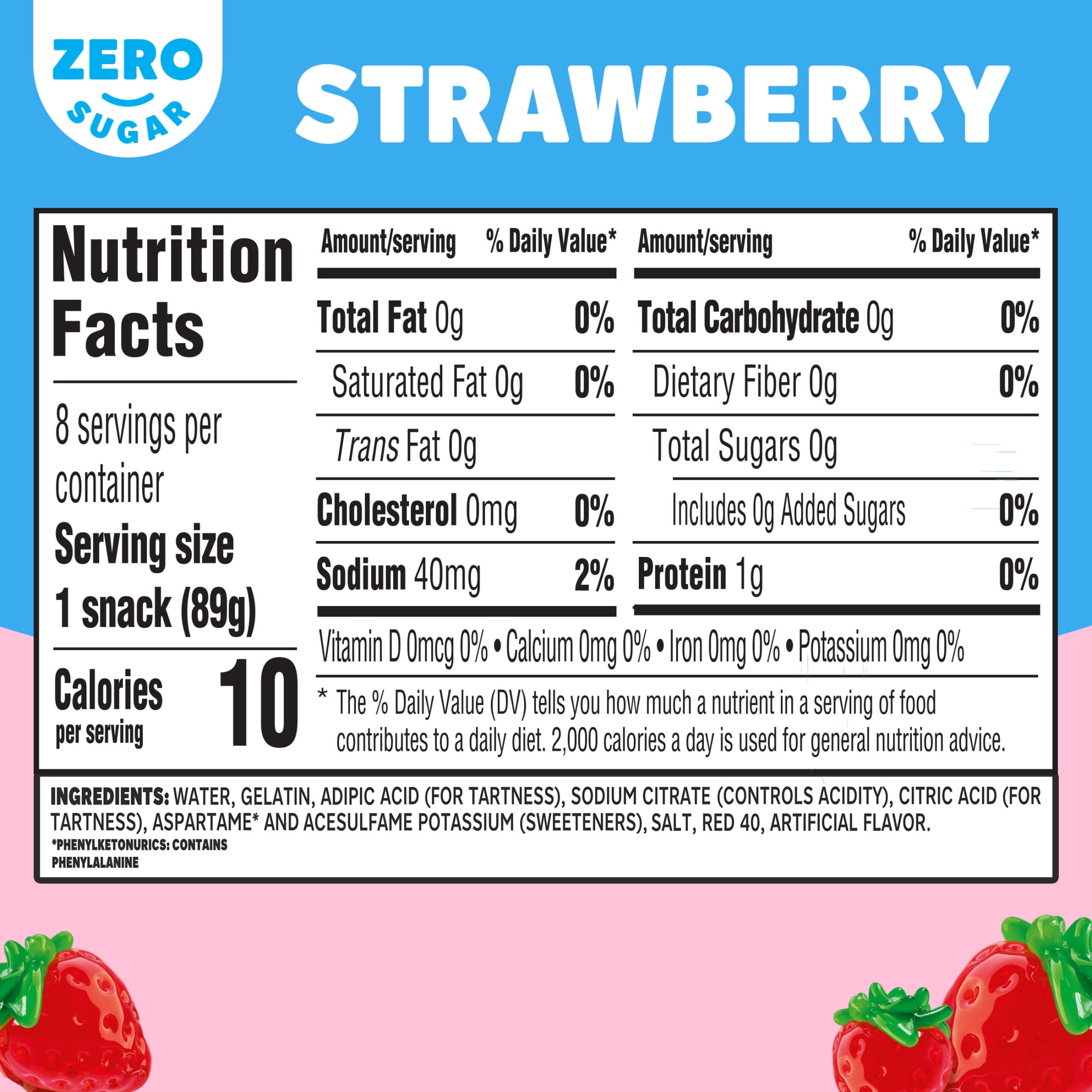 Jell-O Strawberry Artificially Flavored Zero Sugar Ready-to-Eat Gelatin Snack Cups Family Size Pack, 8 ct Cups