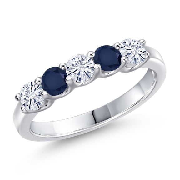 Gem Stone King 925 Sterling Silver White Moissanite and Blue Sapphire Wedding-Bands Ring for Women | 0.92 Cttw | Round 3.5MM | Gemstone Birthstone | Size 5
