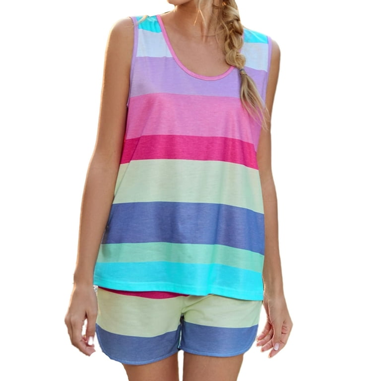 UKAP Women Striped 2 Piece Outfits Rainbow Color Block Shorts Track Suit Set Biker Shorts Sport Outfits Set Summer Sleeveless Pjamas Set Walmart