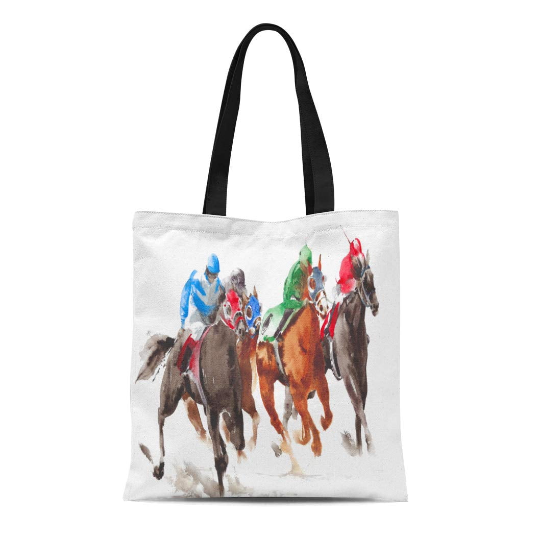 SIDONKU Canvas Tote Bag Race Horse Racing Watercolor Painting Action