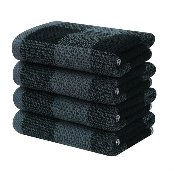 decorUhome 4-pack 100% Cotton Waffle Weave Kitchen Towels, 13x28 Inches, Super Soft and Absorbent Dish Towels, Black & Grey