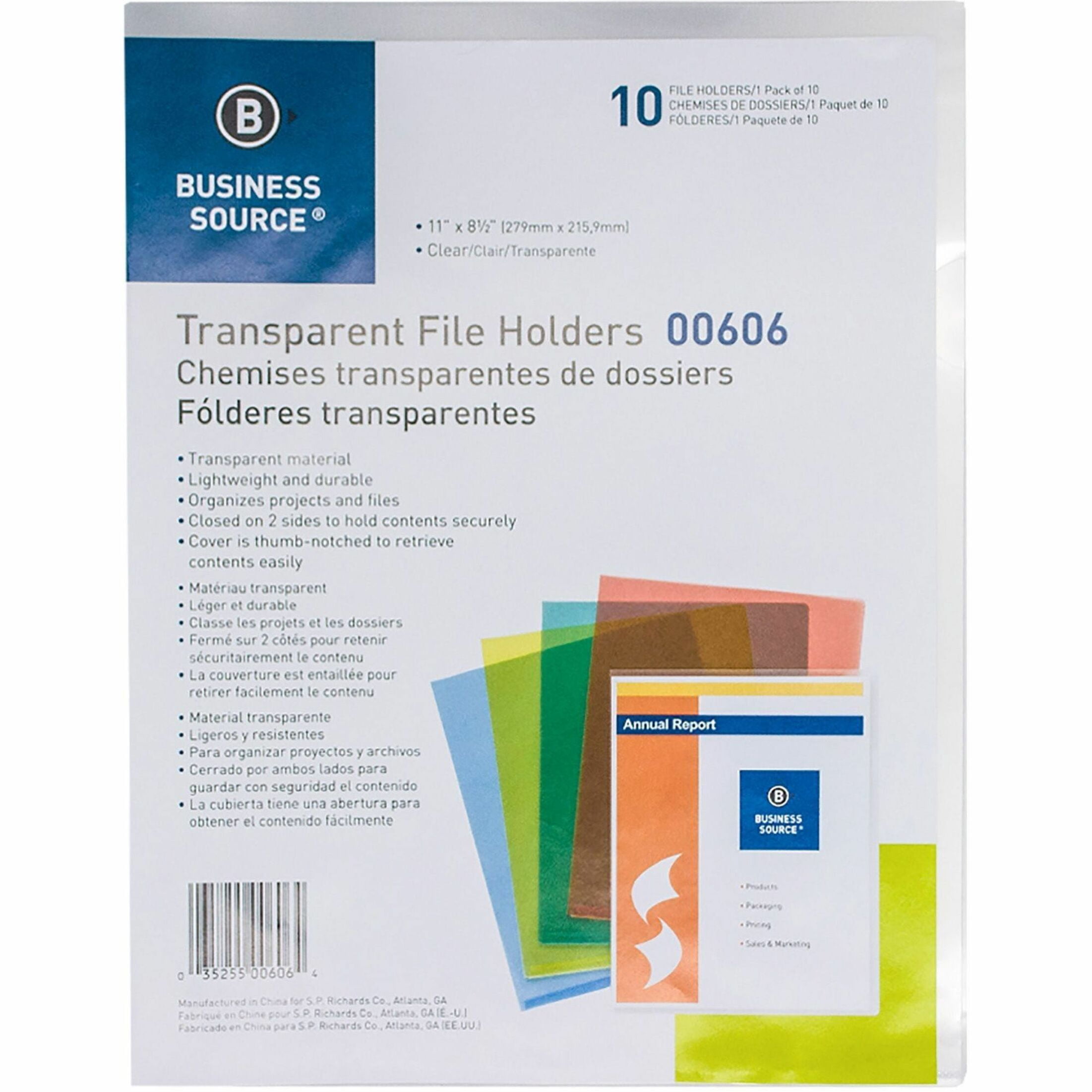 Business Source, BSN00606, Transparent Poly File Holders, 10 / Pack, Clear