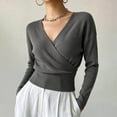 thumbnail image 3 of XUNKUSGA Sweaters for Women Fashion Wrap Cross V Neck Long Sleeve Knit Sweaters Classic Solid Color Slim Fit Pullover Sweaters Lightweight Soft Knit Tops for Women Dark Gray L, 3 of 9