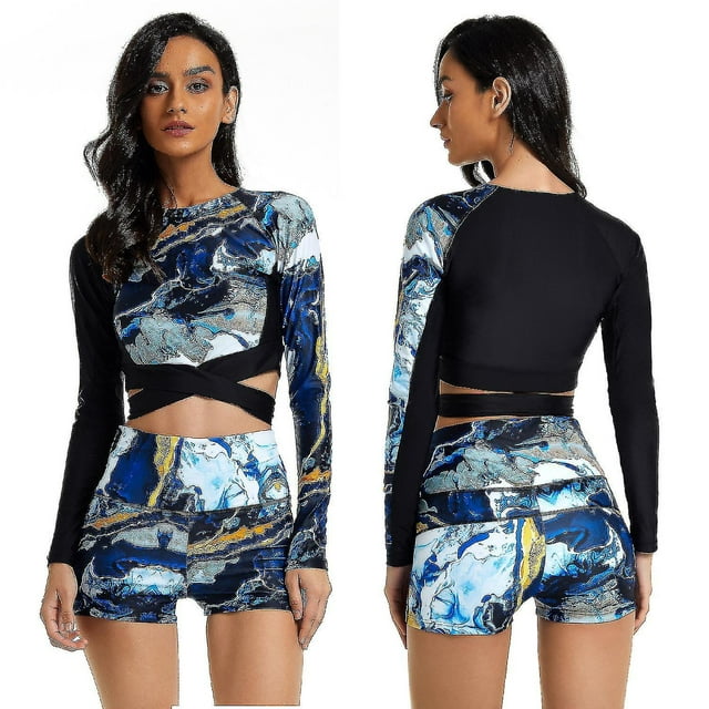Lishi Geometric Women's Long Sleeve Rash Guard Swimsuit Set - UV Protection, Two-Piece Bathing Suit