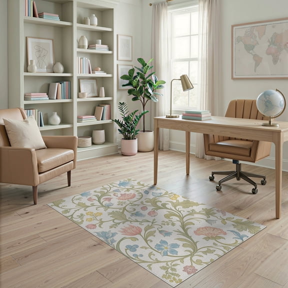 ODIKA 4'x6' Green Pastel Floral Elegance with Vintage Washable Area Rug Intricate Blossom and Vine Motifs for Classic Stain Resistant, Low Pile, Easy Care for Dorm Room, Small Living