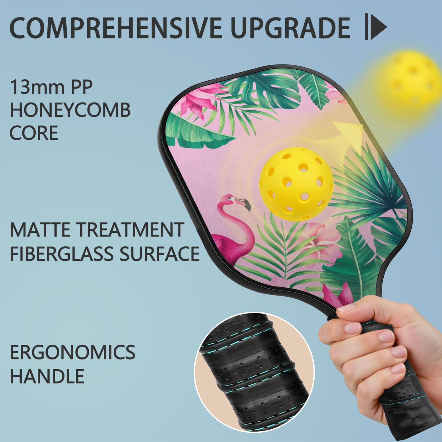 Pickleball Paddles Set Of 2, Fiberglass Surface, Tropical Jungle Print, 4 Balls & Bag