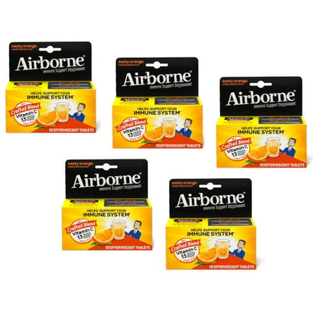 5 Pack Airborne Effervescent Health Formula Tablets, Orange-10 count Each