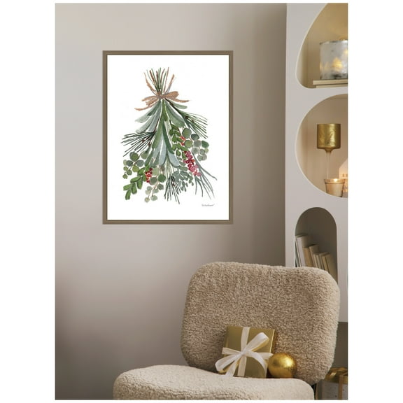 Kate and Laurel Framed Canvas Wall Art Print 'Mixed Greens Holiday Swag' by Patricia Shaw, 18 x 24 Sylvie Dark Gold Frame, Modern Contemporary, Holiday Art for Wall Decor
