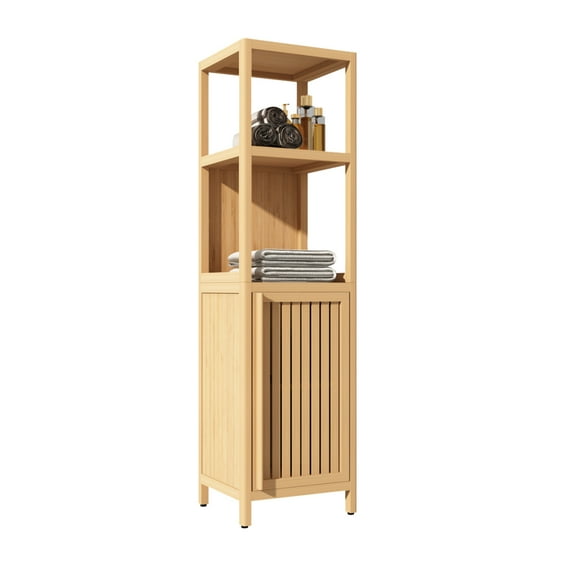 Tcbosik Tall Bamboo Bathroom Cabinet, 52" Narrow Storage Cabinet with Open Shelves and Door, Freestanding Organizer Unit for Small Space, Easy Assembly, Natural