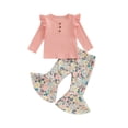 thumbnail image 2 of Aojekbee Little Girls 2PCS Pants Sets Flying Sleeve Button Tops Floral Print Flared Pants Sets, 2 of 10