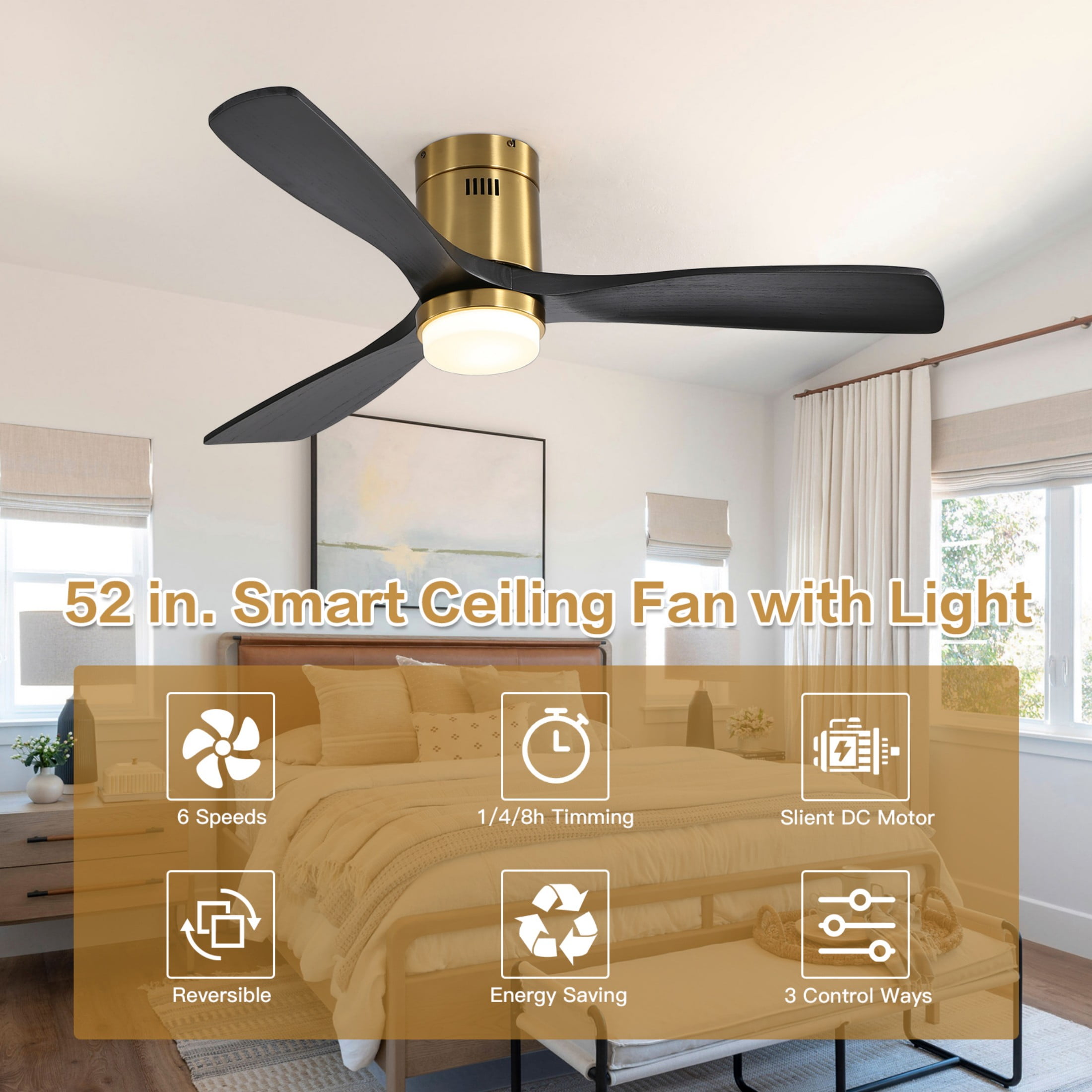 Sofucor 52" Flush Mount Smart Ceiling Fan with Lights, Solid Wood Matte Black and Gold Blades, Compatible with Alexa/Google/App, 3-Color Light 6-Speed Timing Reversible DC Motor