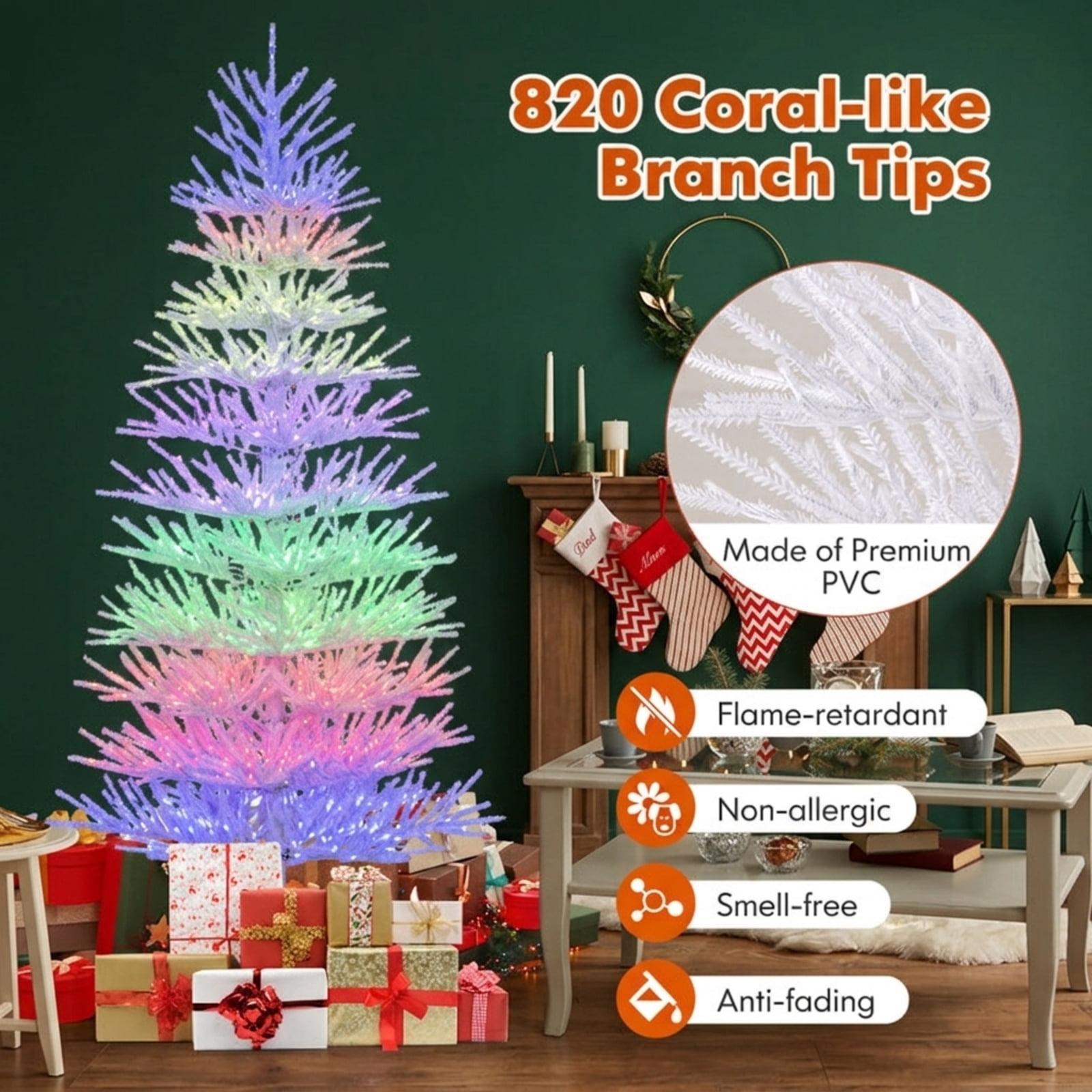 RUIE 7 ft White Christmas Tree, Pre-Lit Hinged Artificial Xmas Tree with 923 LED Lights and 820 Coral-Like Branch Tips for Home