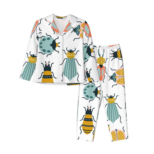 Balery Colorful Insects Conjunto de Pijama con Estampado para Mujer, Conjunto de Dos Piezas con Manga Larga, Ropa de Dormir Suave con Bolsillos, Pijamas Cómodos-Large