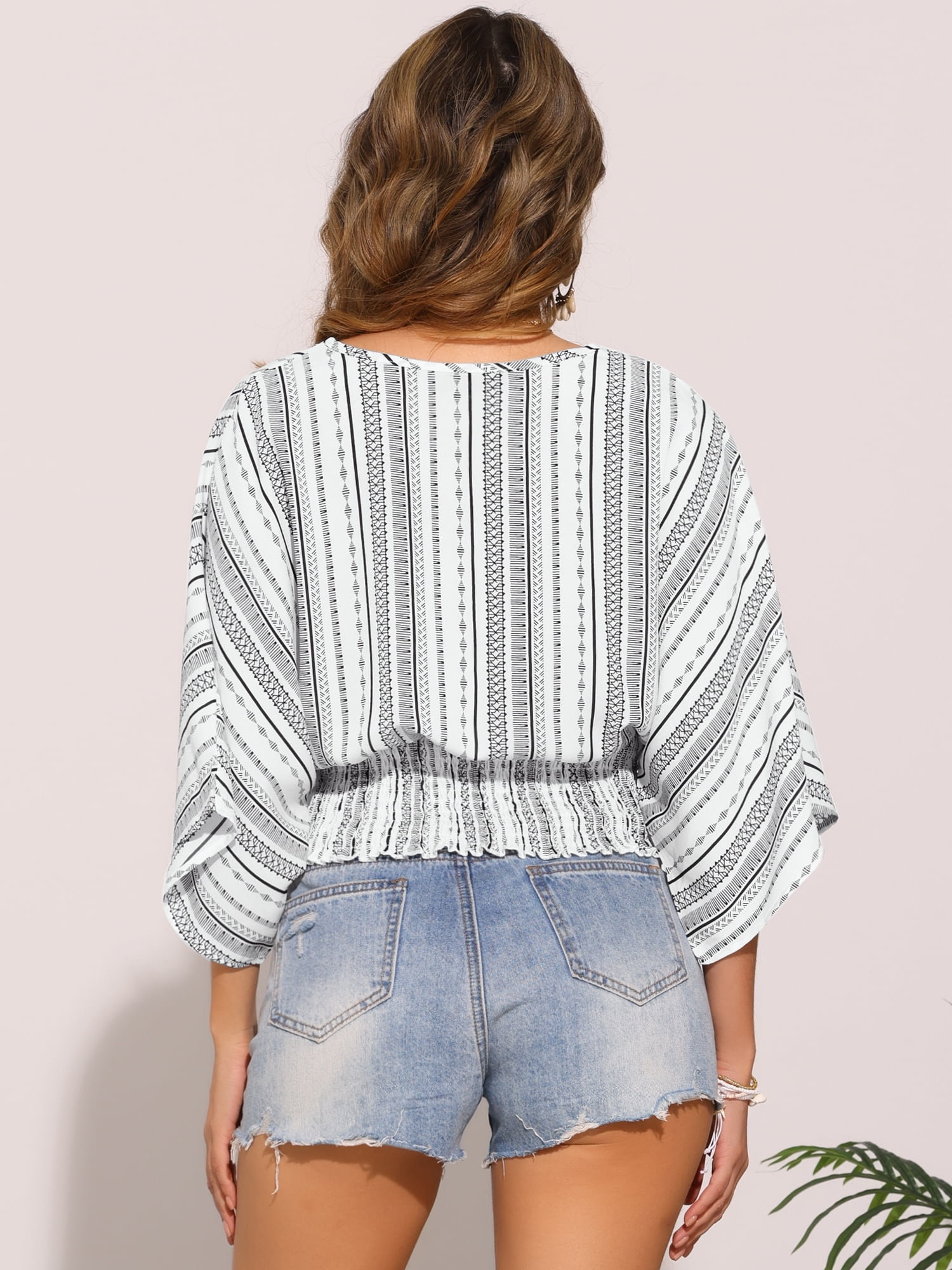 DARING DIVA Women's V Neck Chiffon Smocked Batwing Dolman Sleeve Blouses L White Black