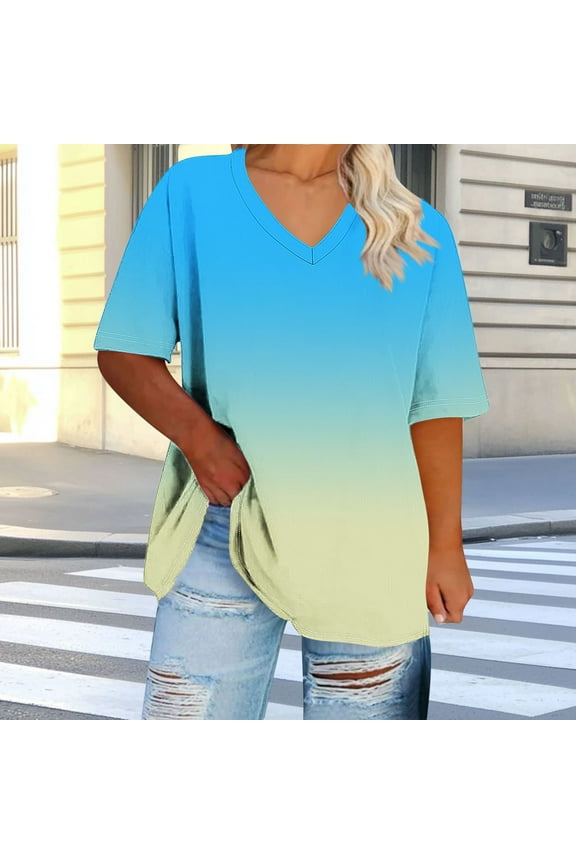 Women's Short Sleeve V-neck Plus Size Gradient Color Loose T-shirt Casual Daily Shirt Yellow XXXXL(XXXXL)