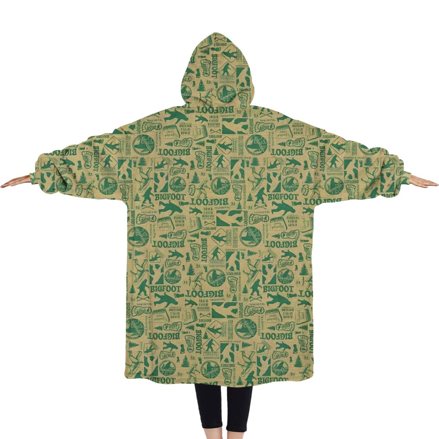 Oversized Wearable Blanket Hoodie,Green Bigfoot and Text Pattern Sherpa Blanket Hoodie with Super Pockets,Super Warm Fuzzy Pullover for Women & Men