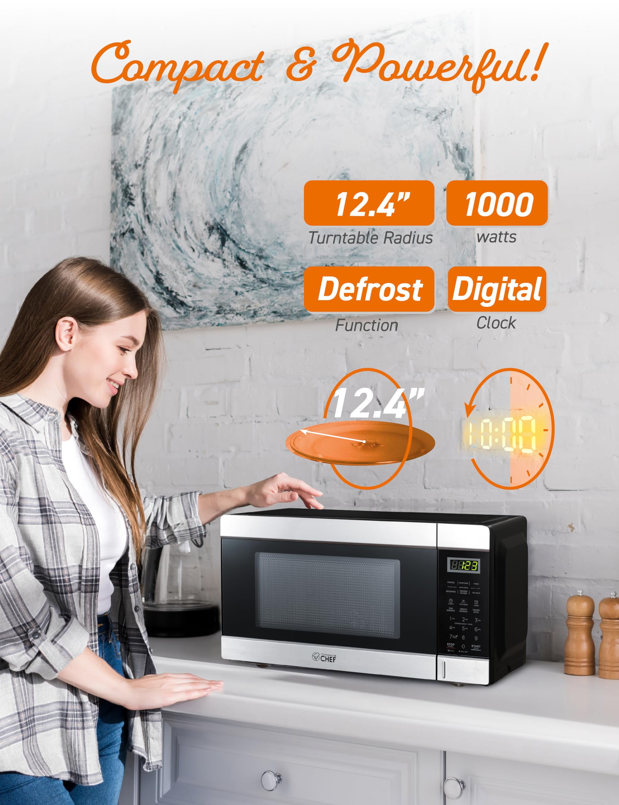 Commercial Chef Countertop Microwave, 1.1 cu. ft., Black With Stainless Steel Trim