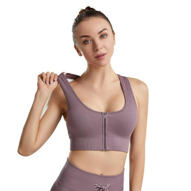 Popvcly Women's Ribbed Sports Bra Zip Front Closure Wirefree Padded  Racerback Push up Tank Top for Workout Gym Yoga