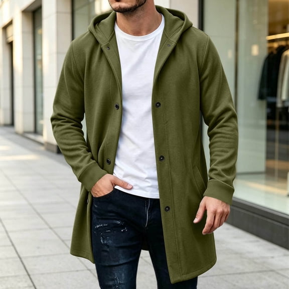 Men's Winter Pockets Coat Solid Color Hooded Coats Long Sleeve Jacket Outwear for Man