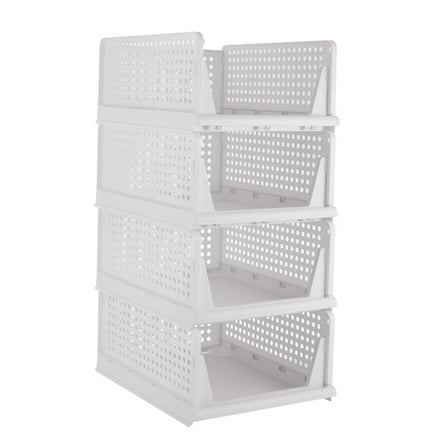 TINANA Stackable Plastic Storage Basket 4 Pack, Drawer Shelf Storage Container, Foldable Closet Organizers and Storage Bins for Wardrobe Cupboard Kitchen Bathroom Office-White