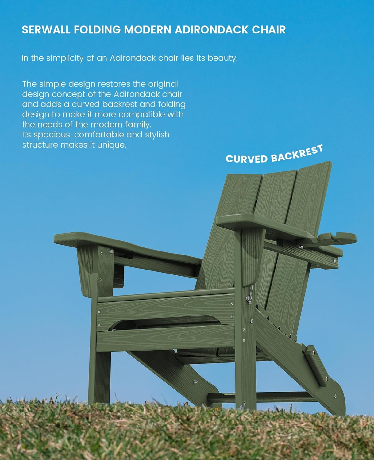 CHTER Modern Adirondack Chair, Folding Adirondack Chair with Dual Cup Holders, Outdoor HDPE Fire Pit Chair for All Weather Use, Avocado Green