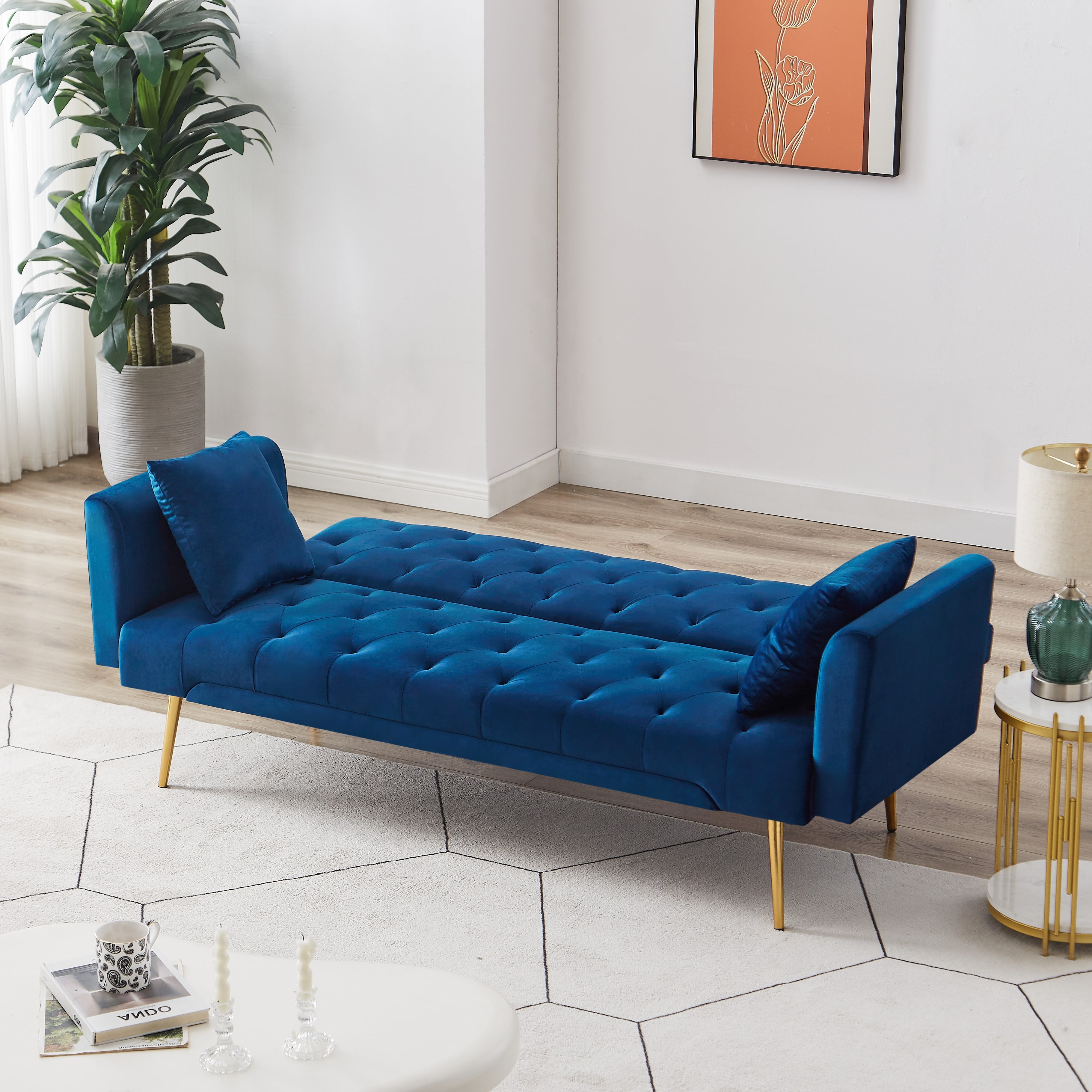 Bianlte Velvet Futon 71" x 37.79" x 29.92" Convertible Backrest Angles with Gold Metal Legs, Blue