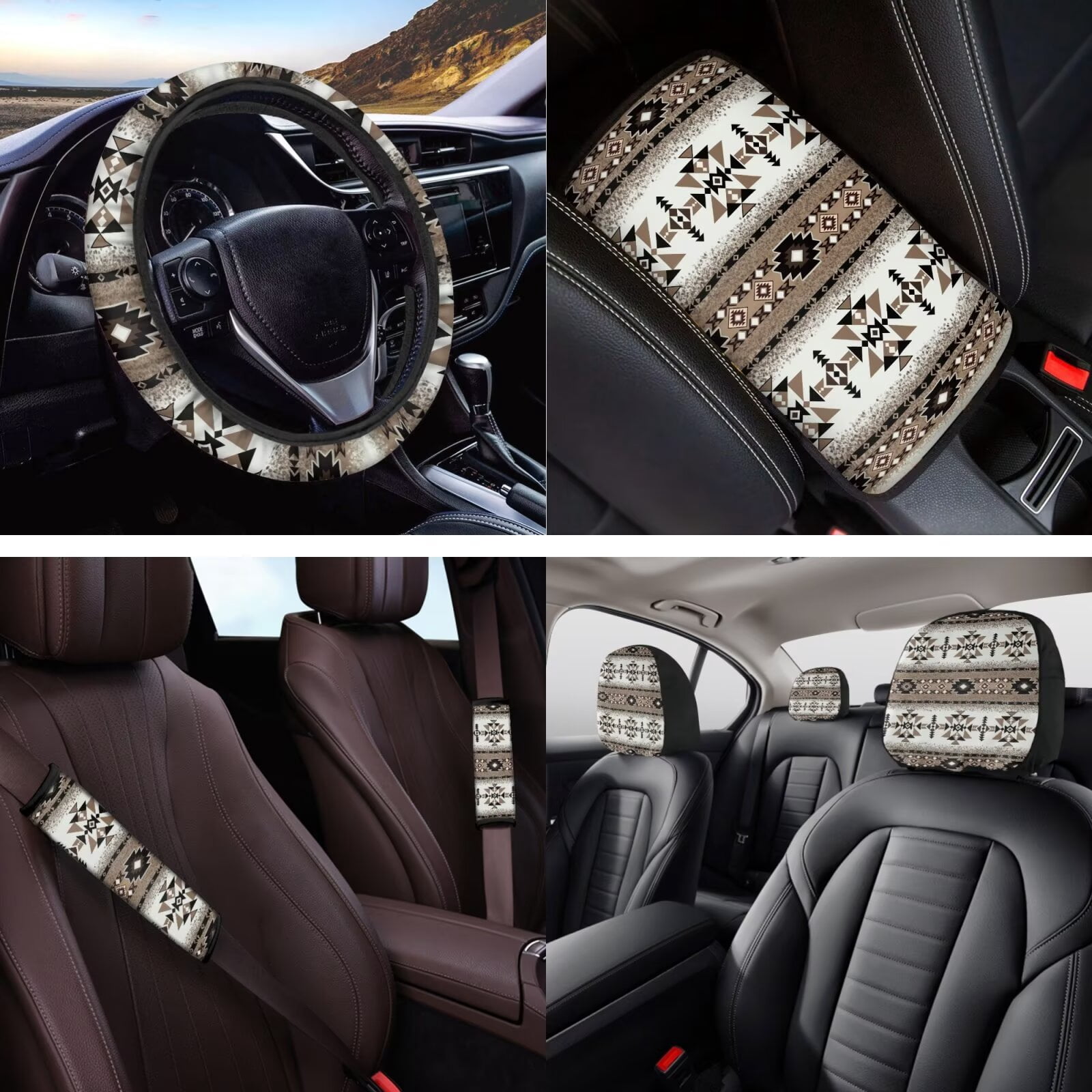 Yuyamidu Brown Car Seat Covers Full Set Southwest Aztec Steering Wheel Cover Safe Belt Pads Auto Headrest Covers Coasters Car Center Console Cover, 14 Pack
