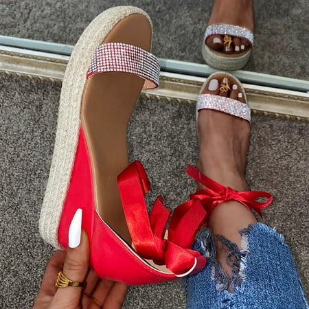 

HIBRO Women s Summer Lace-Up Wedges Weave Beach Open Toe Breathable Sandals Shoes