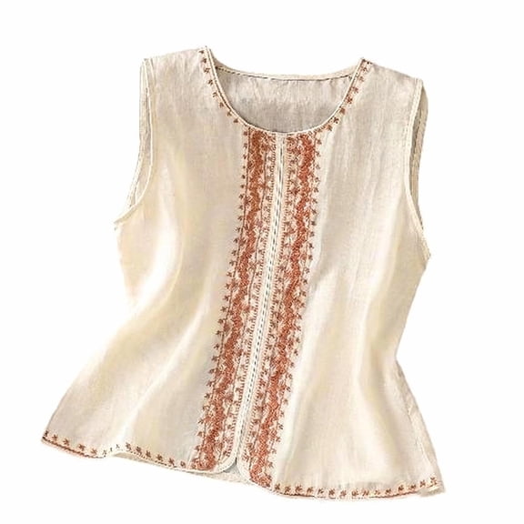 QSAWXQZ Women's Vintage Cotton Linen Floral Embroidered Tank Top Crew Neck Sleeveless Boho Lightweight Summer Vest Blouse XL